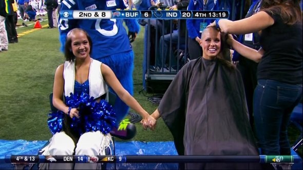 Both Megan and Crystal Anne cut their hair to support the Indiana Colts head coach, Chuck Pagano and bring awarness to cancer research.