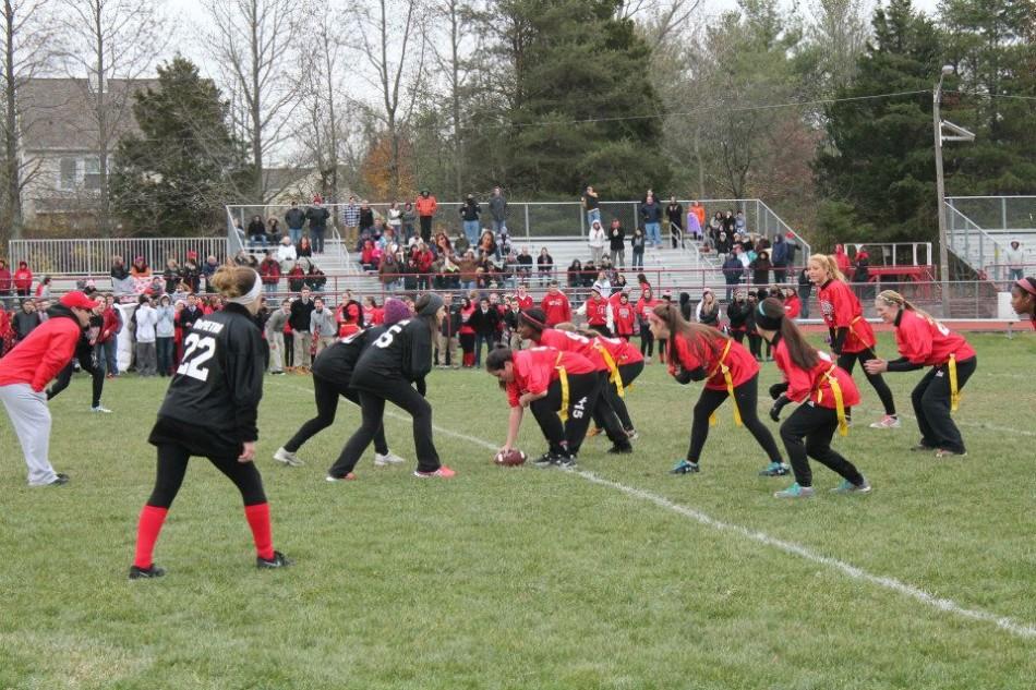 A scene from this year’s Powderpuff Football game. The annual event often attracts more spectators than other girls sporting events at East. 