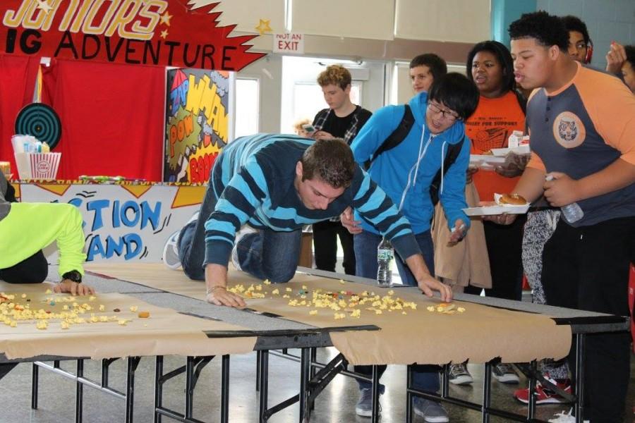 Excitement overflows as students compete in cafeteria games. 