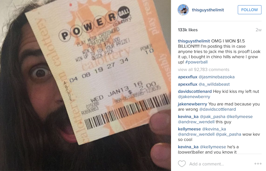 Erik Bragg, a professional skateboarder, claims to have won the Powerball. 