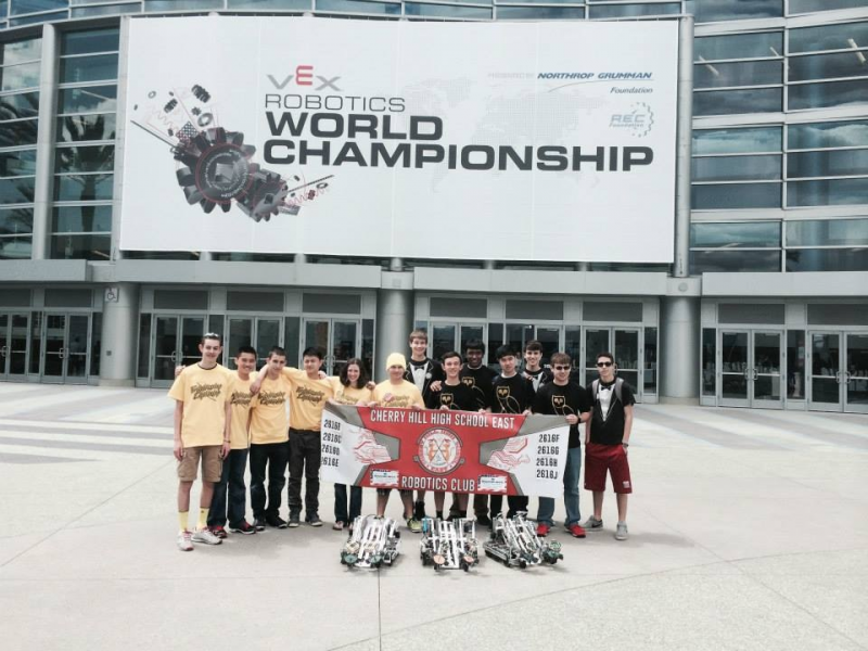 The Cherry Hill East Robotics team poses outside the World Championship