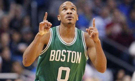 Avery Bradley celebrates as he plays on the court for the Celtics