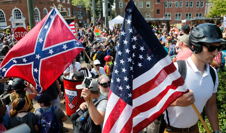 An American flag seen next to a Confederate flag in Charlottesville, Virginia.