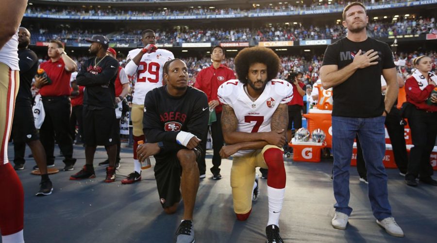 Kneeling+during+the+national+anthem+was+made+popular+after+the+acts+by+Colin+Kaepernick%2C+and+has+now+been+addressed+by+the+NFL.