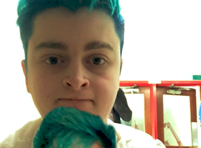 Henry tries bright blue hair out