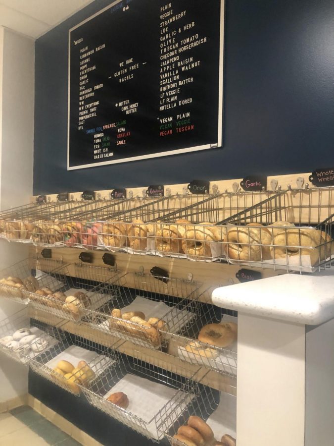 Customers can choose from a wide variety of bagels and other baked goods.