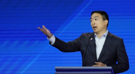 Presidential candidate Andrew Yang delivers a response during a Democratic primary presidential debate.