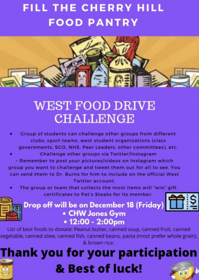 On December 18, hosts a food drive where all items go to the Cherry Hill Food Pantry.