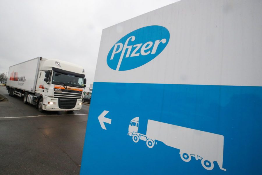 A refrigerated truck leaves the Pfizer plant in Puurs, Belgium. 