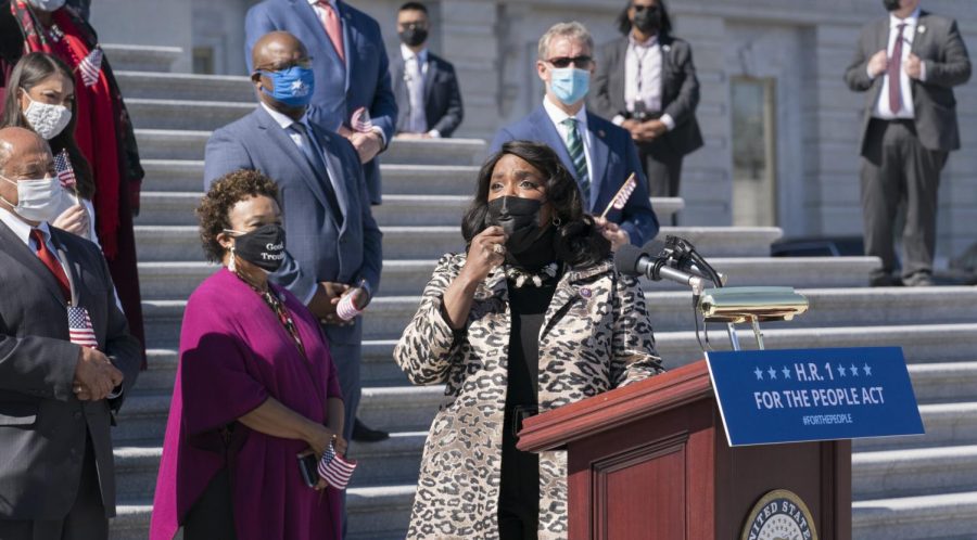 Rep. Terri Sewell, D-Ala., speaks at the Capitol to answer questions on the For the People Act.