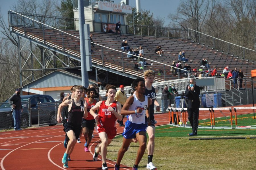 Peter Tepper (‘23) is near the front of the pack on lap two of his Boys’ 800 meter finish. 