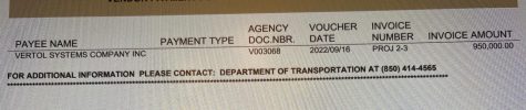 An image of the payment made to Vertol Company Systems Inc. by the Florida Department of Transportation.