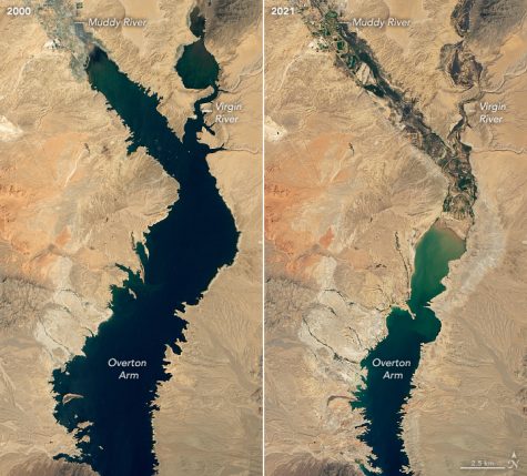 A comparison of Lake Mead, a water reservoir linked to the Colorado River between 2000 and 2021. (Courtesy of NASA)