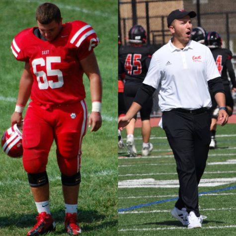 Drop is pictured on the left as a player for Cherry Hill East and is pictured on the right as the East football coach.