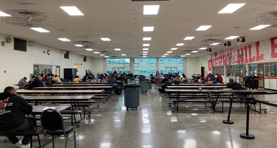Students sit in Cafeteria 1 for study hall prior to new study hall changes.