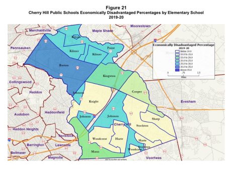 A map detailing the percentage of those economically disadvantaged by elementary school within the Cherry Hill Public Schools system.