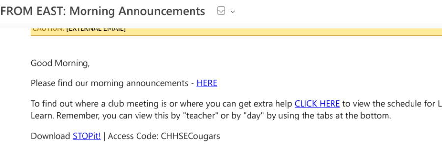The Cherry Hill High School East STOPit! code is included in daily emails sent by the administration.