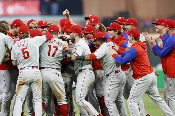 The Phillies celebration following their victory over the Houston Astros, securing a wild-card spot.