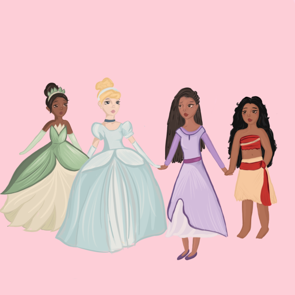 From left to right: Princesses Tiana and Cinderella stand with modern Princesses Asha and Moana.