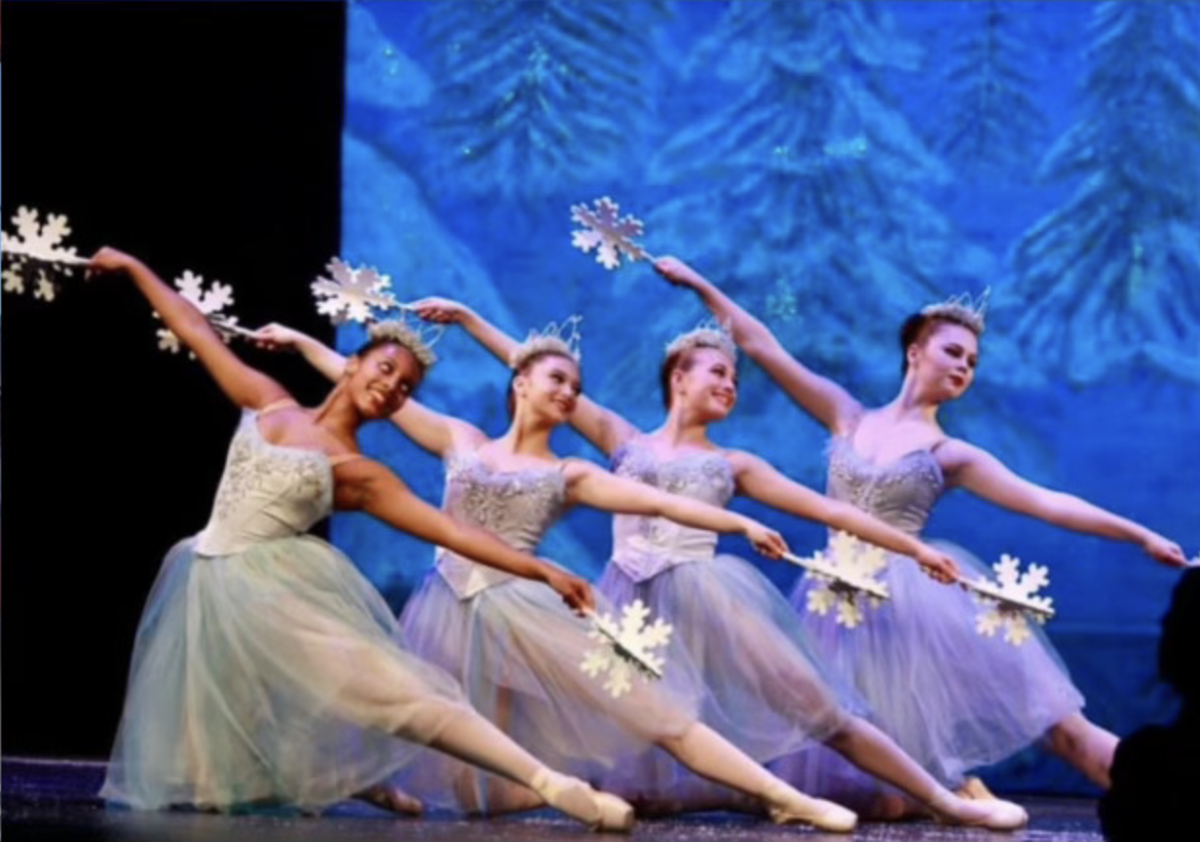 Voorhees Ballet Theater dancers perform as snowflakes in “The Nutcracker.”