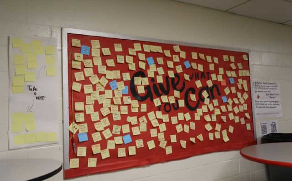 The Give What You Can Wallis located outside of the SGA office at Cherry Hill High School East. 