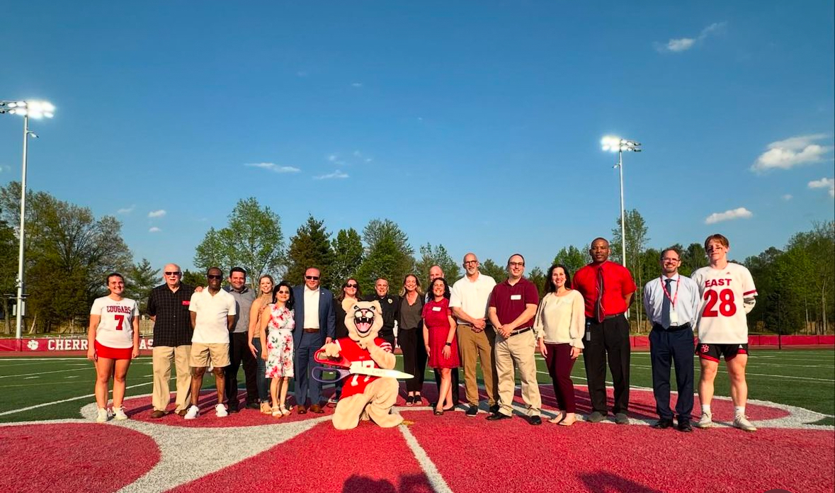 Members+of+the+Cherry+Hill+community+gathered+on+the+East+football+field+to+for+the+grand+opening+of+the+new+stadium.+