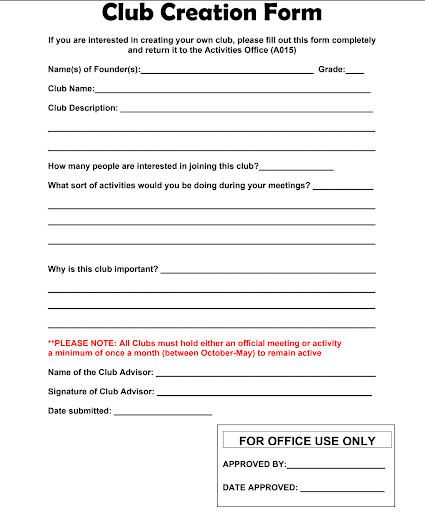 A screenshot of the official East Club Creation Form, found on the CH East Activities website