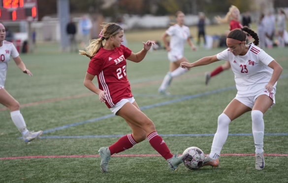 Kira Fowler ('26) steals the ball in game against Rancocas Valley Regional High School.