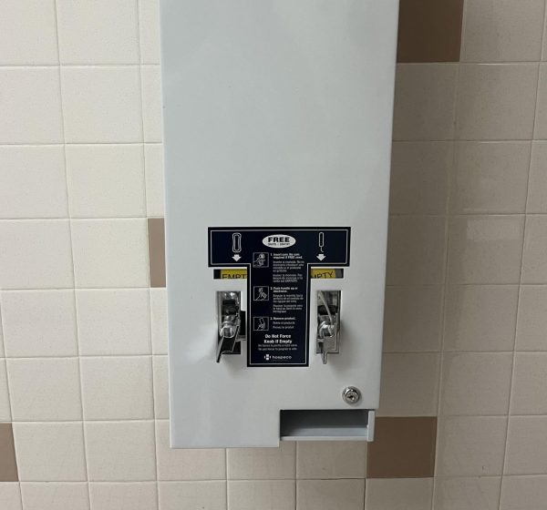 East bathrooms contain empty menstrual dispensers.