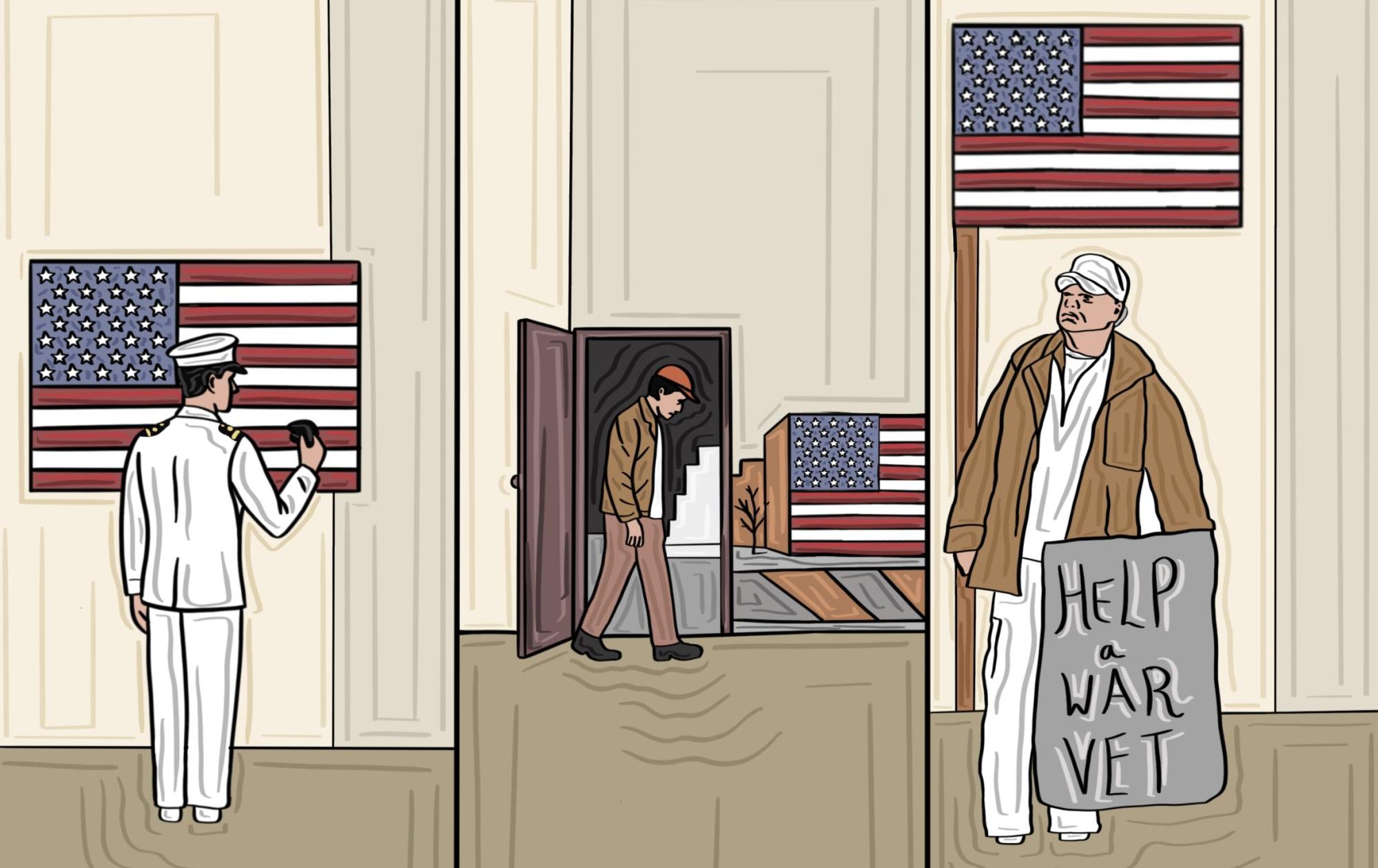 A decorated officer walks through a door out of service and into poverty. 