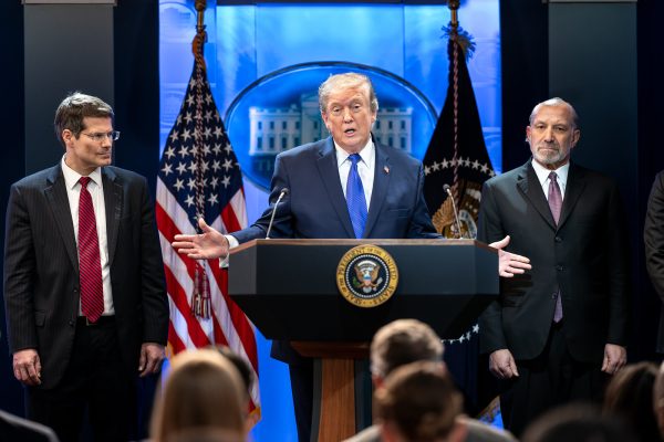 President Donald Trump delivers remarks on the Supreme Court ruling on tariffs in the James S. Brady Press Briefing Room of the White House. "Donald Trump" by The White House is licensed under CC BY-SA 2.0