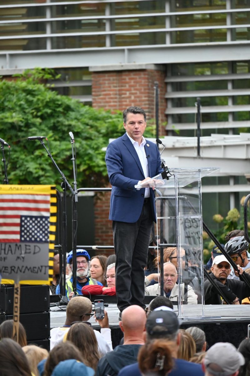 Rep. Brendan Boyle (P-Da.) speaks at the No Kings Philadelphia protest in October 2025.