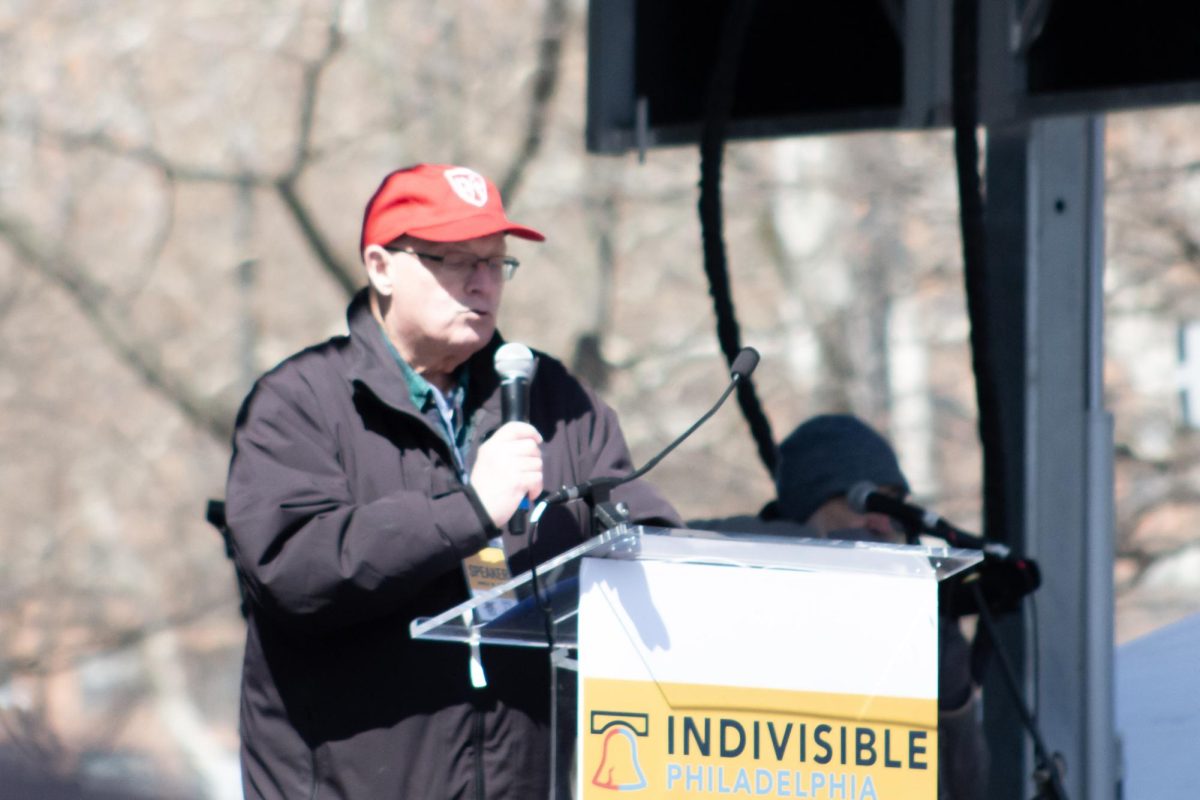 American Federation of Teachers Vice President Arthur Steinberg speaks at No Kings Philadelphia.