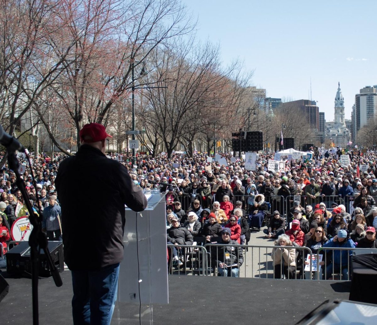President of the American Federation of Teachers Arthur Steinberg delivers his speech to the protesters.