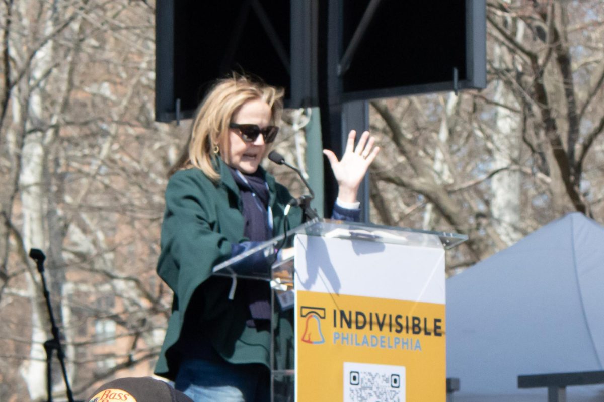 Rep. Madeleine Dean (D-Pa.) speaks at No Kings Philadelphia.