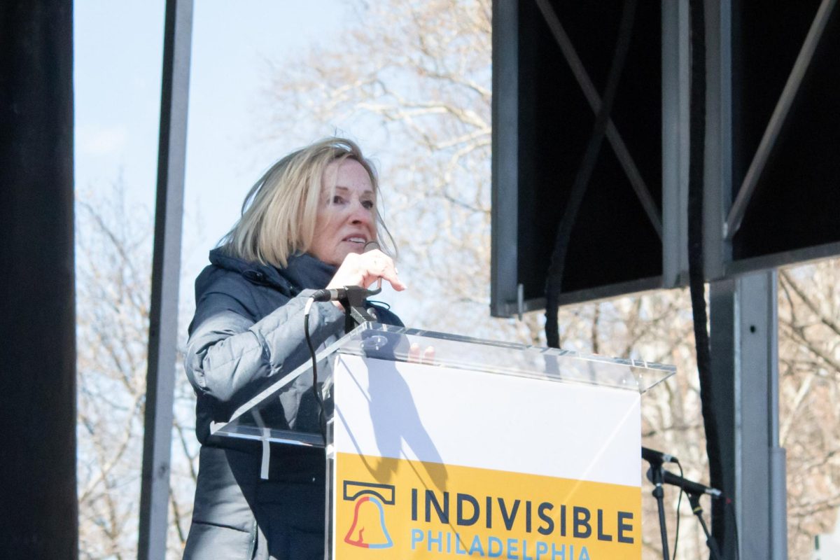 Indivisible Philadelphia leader Vicki Miller speaks at No Kings Philadelphia.