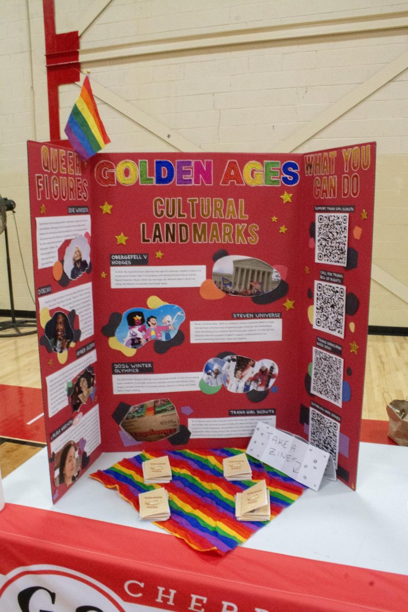The Gay-Straight Alliance booth features an informational trifold with cultural landmarks and queer figures. 