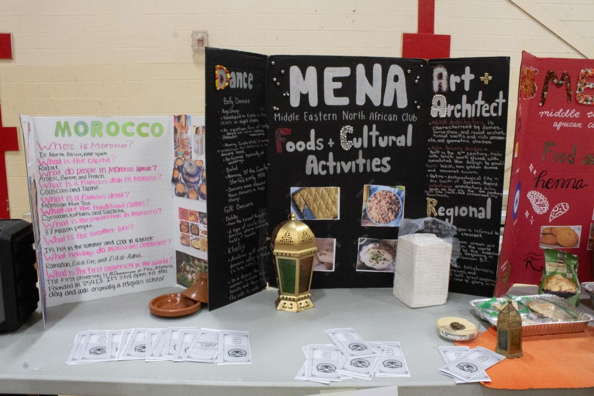 The Middle Eastern and North African Club has multiple informative posters at their booth for students to read.