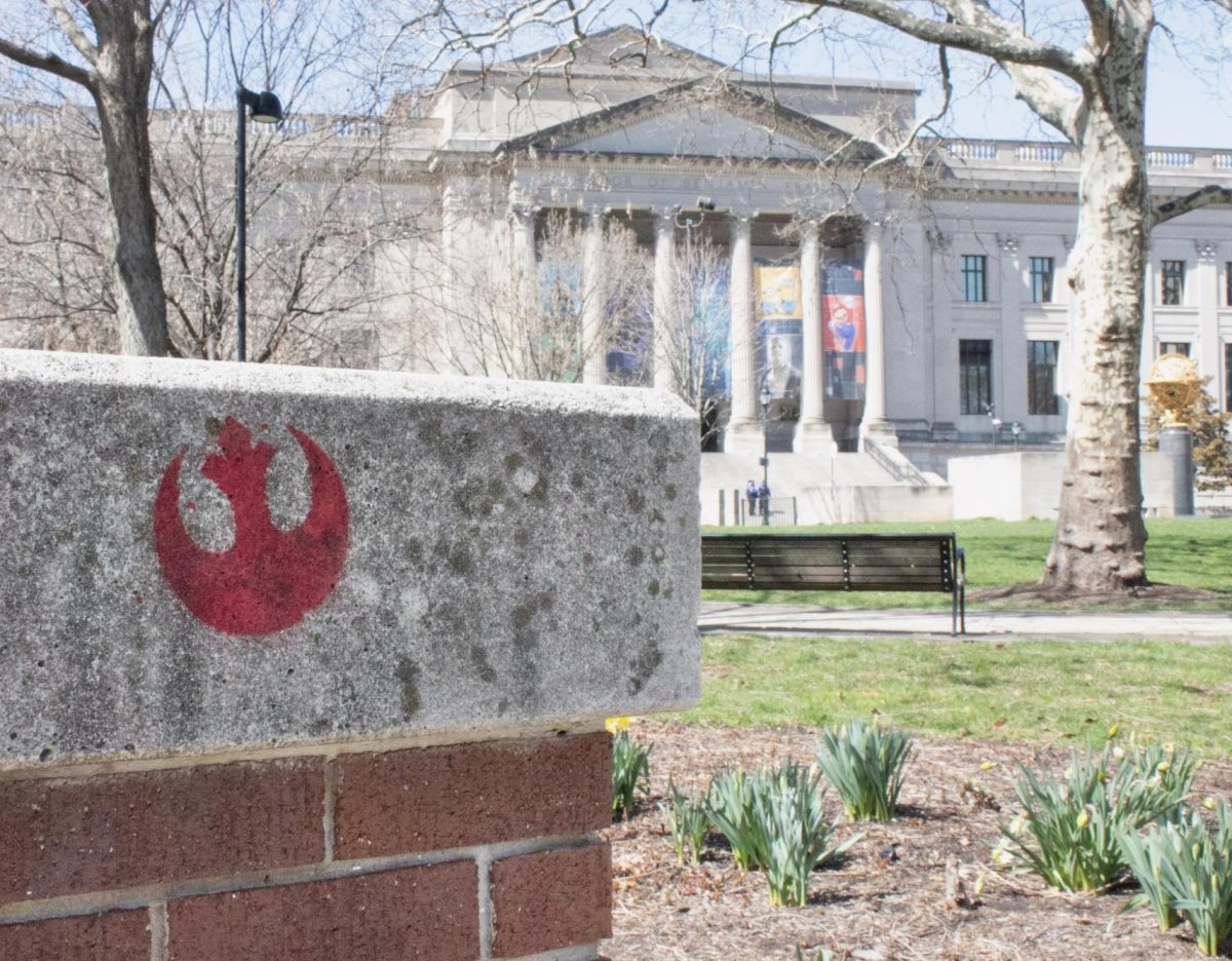 The symbol of the Rebel Alliance from "Star Wars" is spray painted on a ledge in front of Philadelphia's Aviator Park, representing resistance against the Trump administration. 