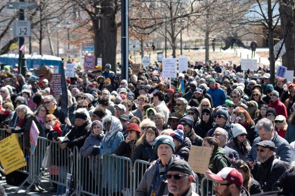 Protesters gather at a rally for the Philadelphia No Kings protest on March 28. 