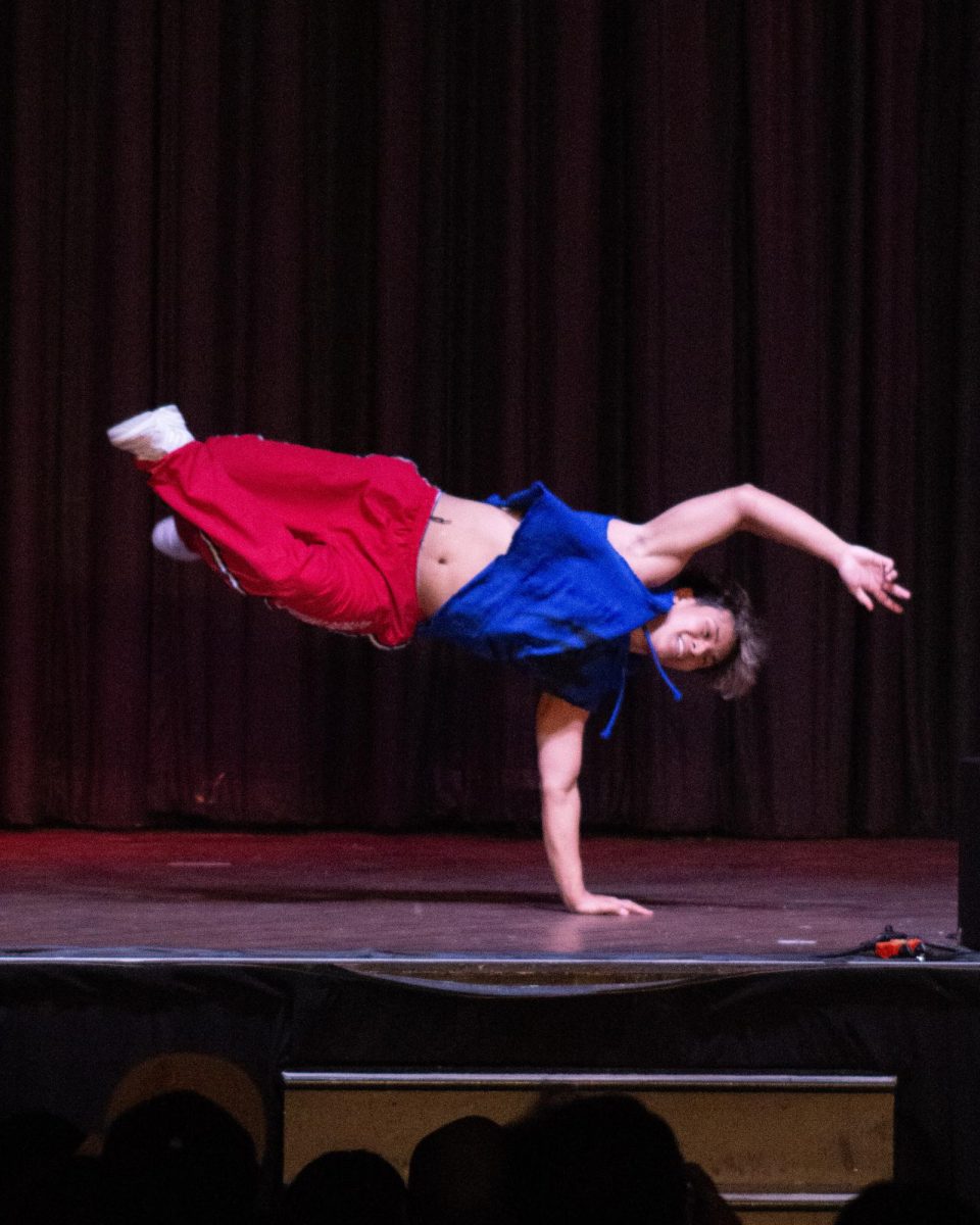 Mr. Buco performs a stunt during his performance, doing a flip on one hand.