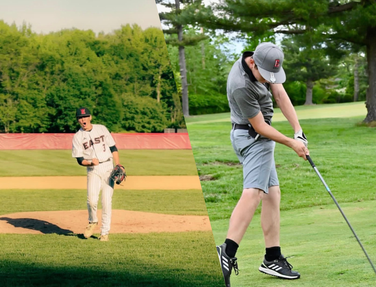 Cole Haddock ('26) (pictured left) throwing a pitch and Tyler Whitney ('27) (pictured right) putting the ball. Photographed by Mason Petkov ('27) and Jordan Keats ('26).