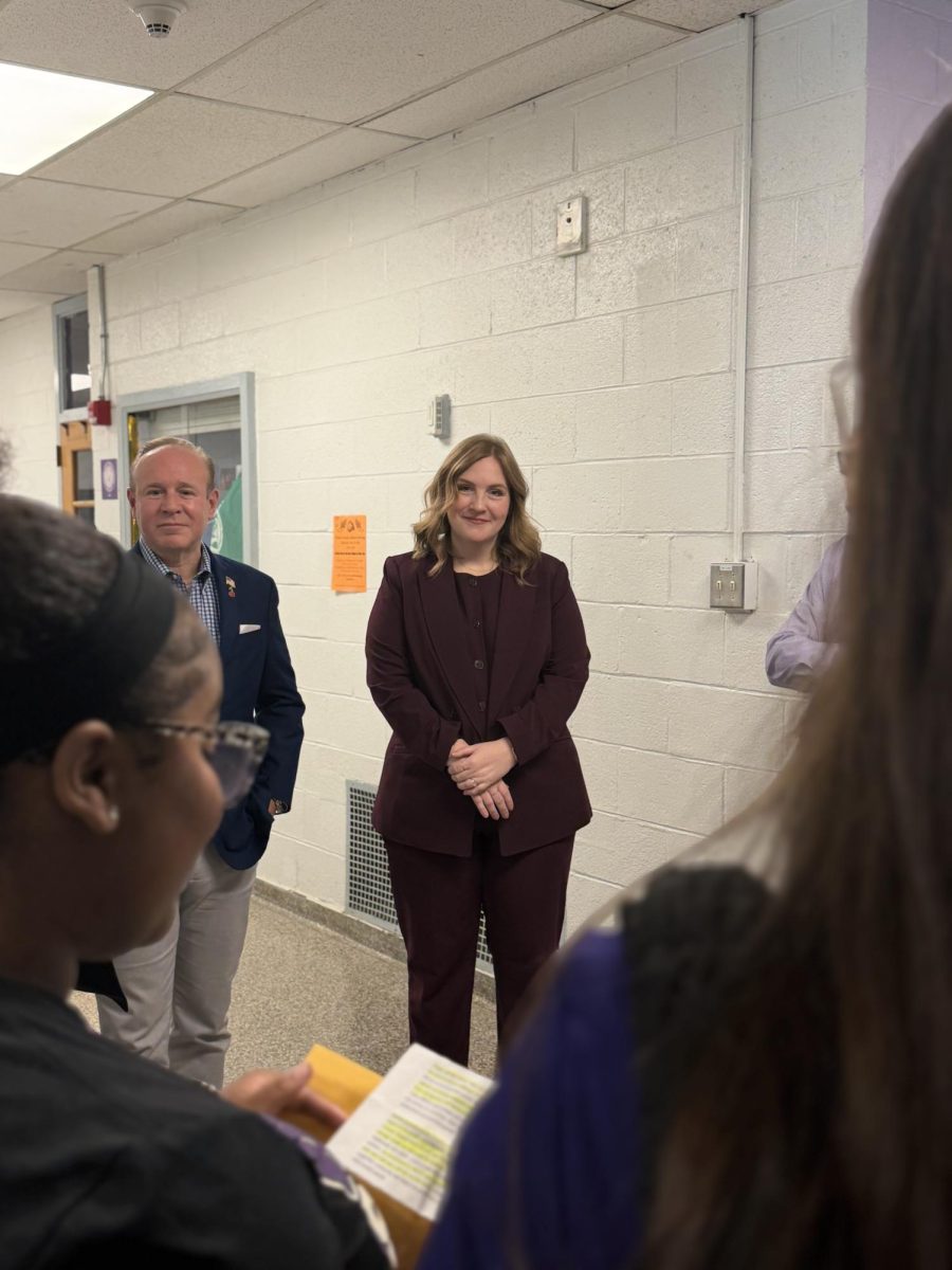 NJ Commissioner of Education Dr. Lily Laux listens intently to students from Cherry Hill High School West as they speak on their involvement in West’s athletic, student leadership and internship programs. 