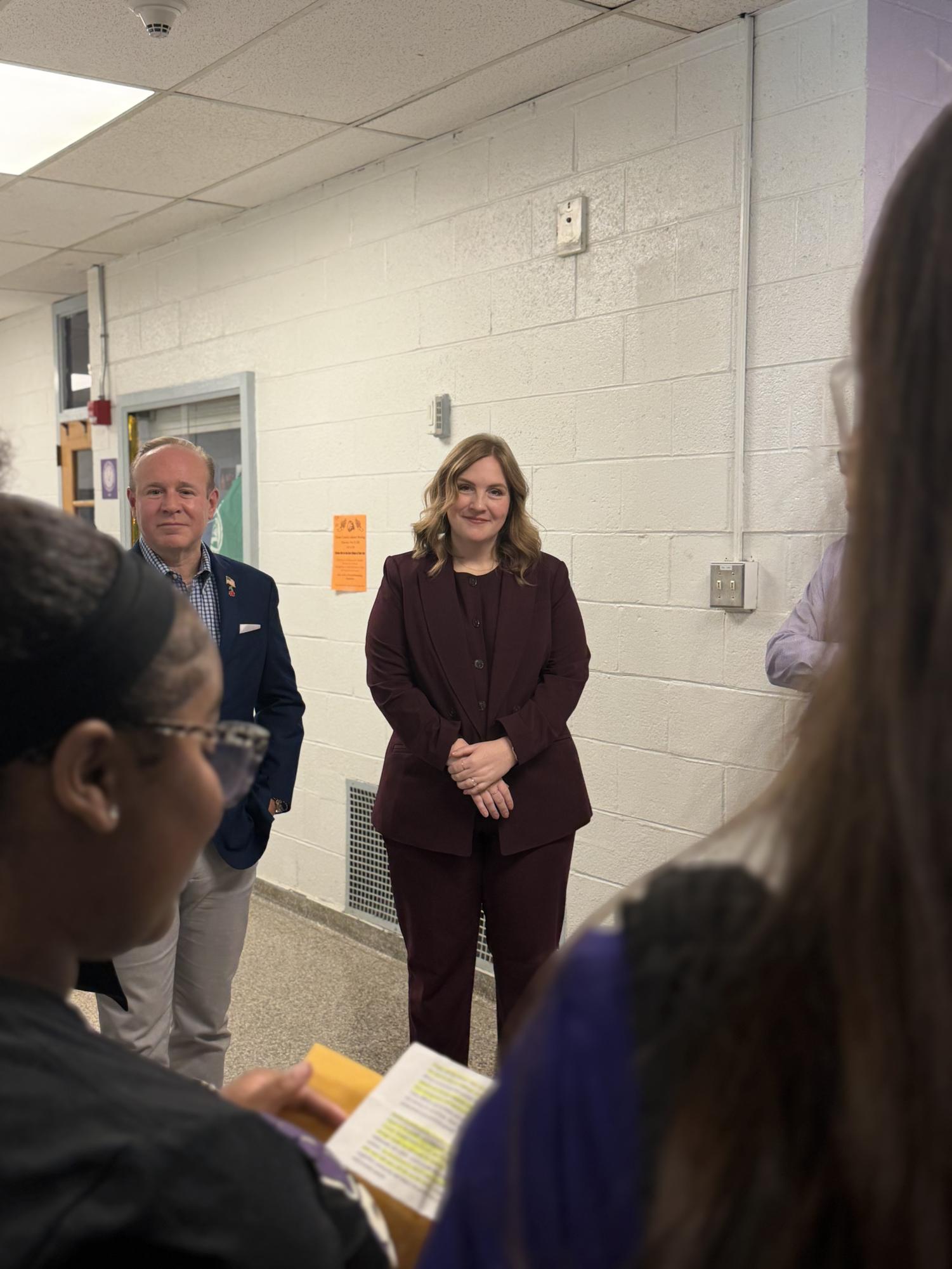 NJ Commissioner of Education Dr. Lily Laux listens intently to students from Cherry Hill High School West as they speak on their involvement in West’s athletic, student leadership and internship programs. 
